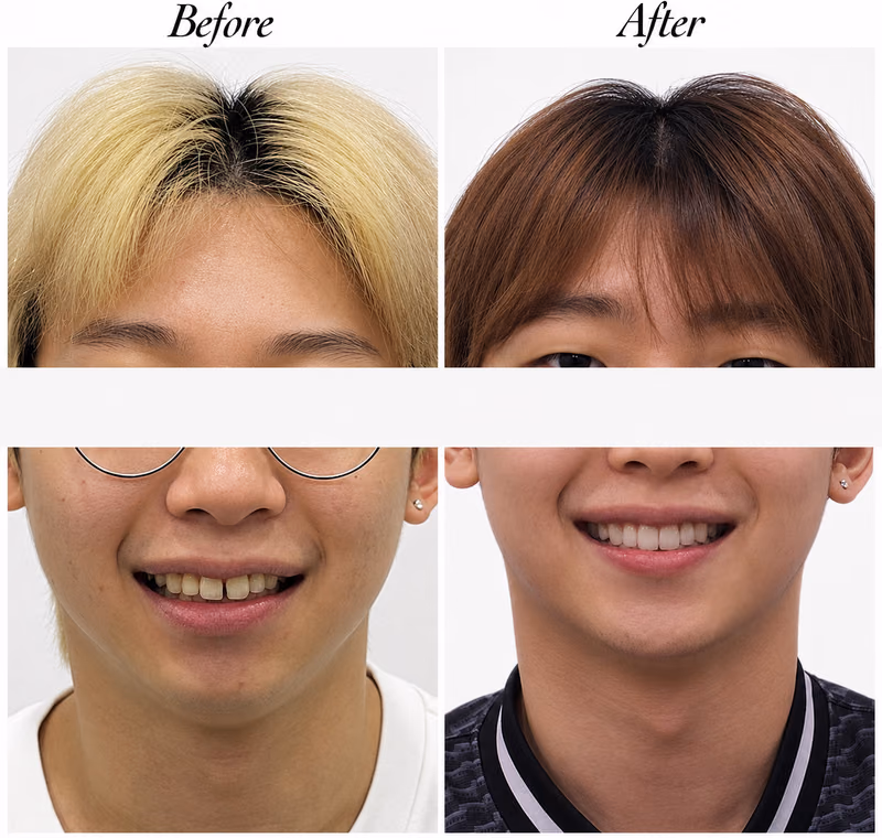 Before and after orthodontic treatment improving smile alignment and overall smile aesthetics.