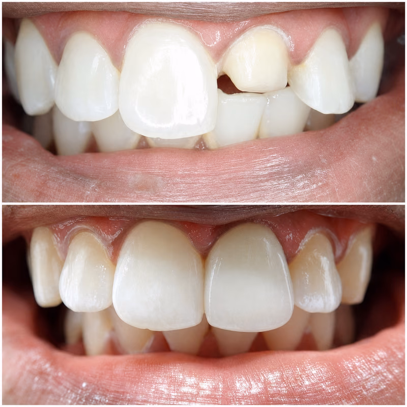 Dental crown repairing a chipped front tooth, restoring stronger tooth structure and natural appearance.