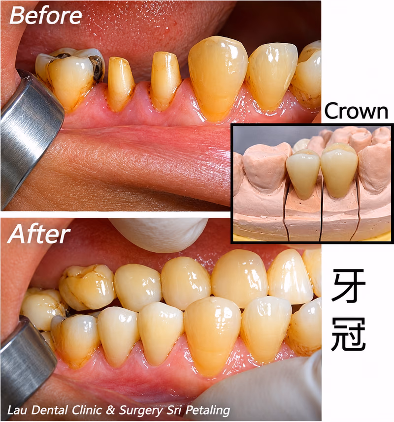 Custom-fitted dental crown for a premolar tooth, shown with lab model, restoring damaged tooth structure.