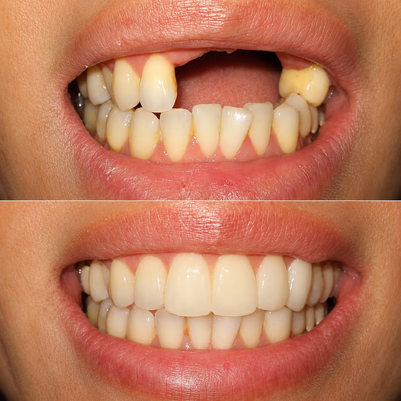 Single dental implant closing a front tooth gap, replacing a missing tooth with a natural-looking result.