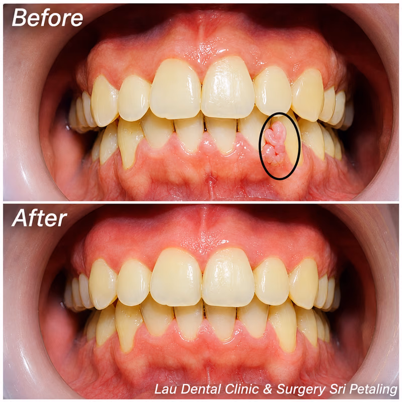 Removal of abnormal gum tissue growth, restoring healthier and more even gums around the front teeth.