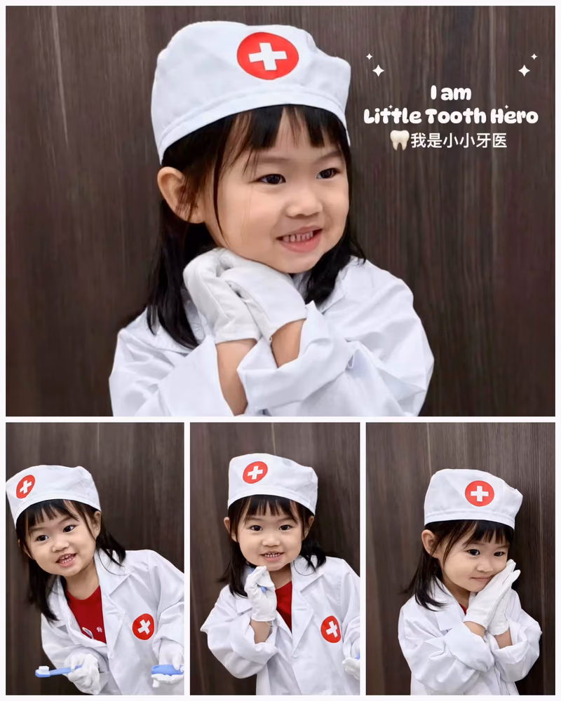 Happy child dressed as a little dentist during a fun kids dentistry experience.