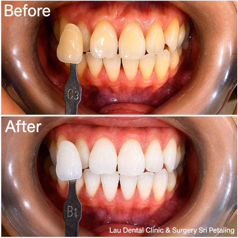 Teeth whitening treatment improving tooth shade from C3 to B1, creating a noticeably brighter smile.