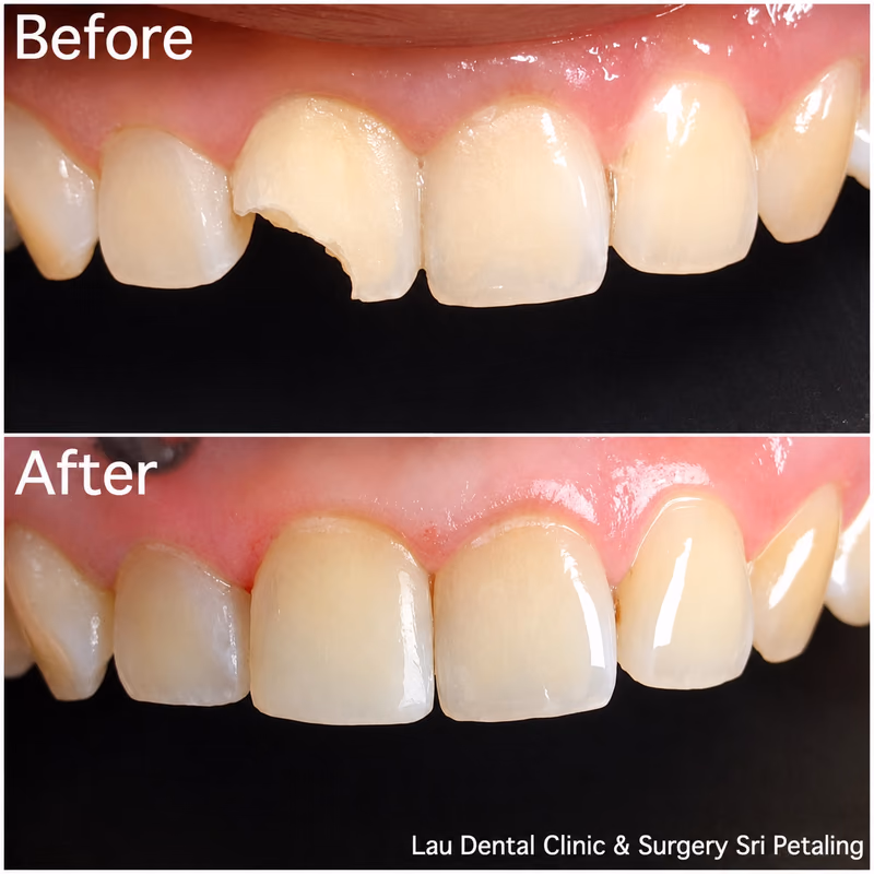 Veneer repairing a chipped front tooth, restoring stronger tooth structure and a natural appearance.
