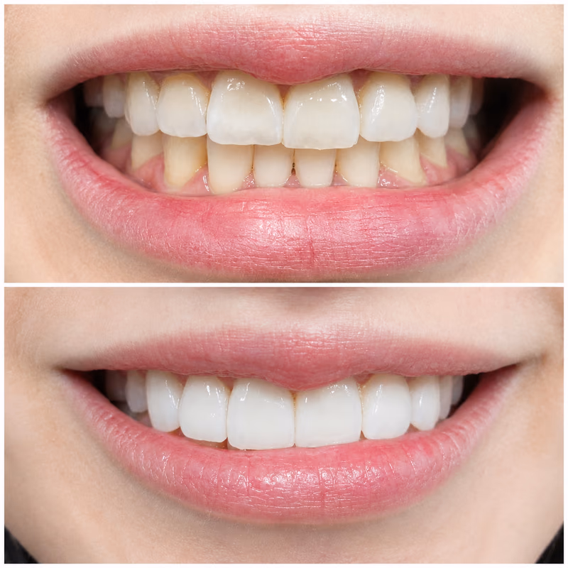 Veneers restoring discolored and gapped front teeth into a brighter, more symmetrical and confident smile.
