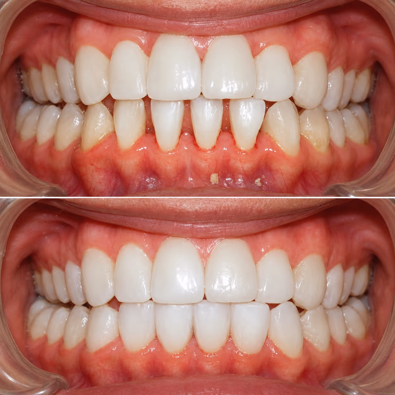 Veneers treatment alongside gum recession correction, restoring healthier gums and an even, natural smile.