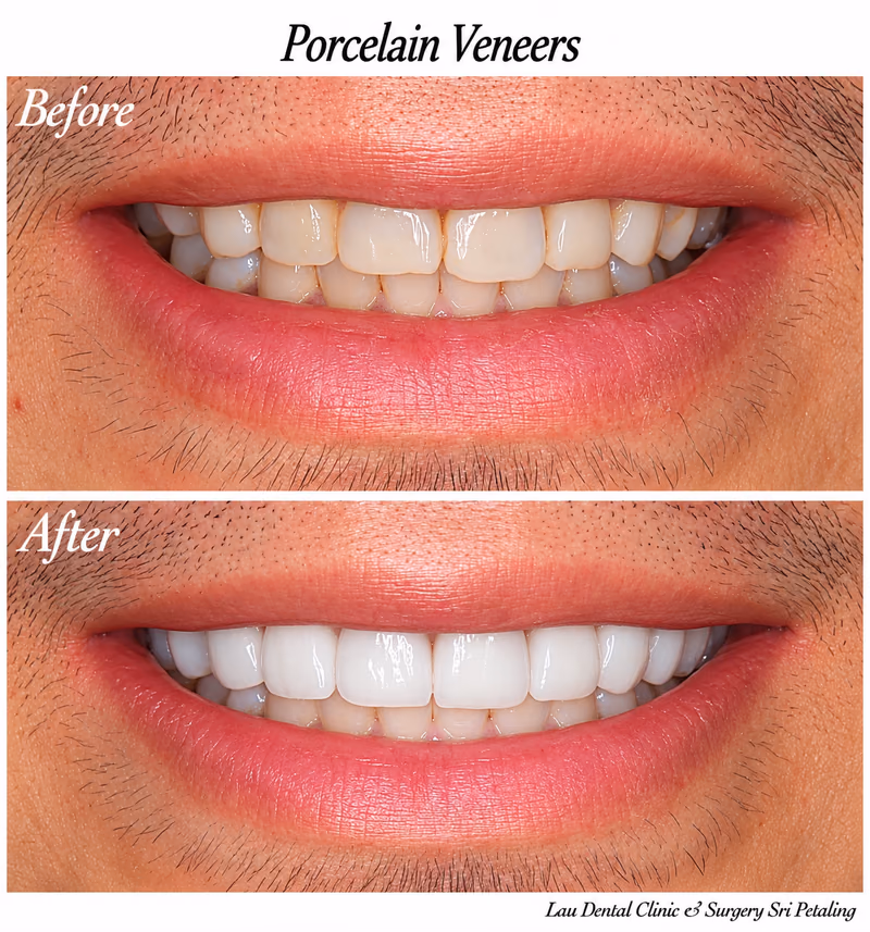 Porcelain veneers smile makeover improving tooth shade and shape for a natural-looking, balanced smile.