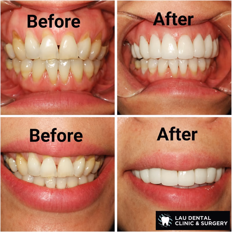 Multiple veneers cases showing stained teeth restored to a brighter and more even, natural smile shade.