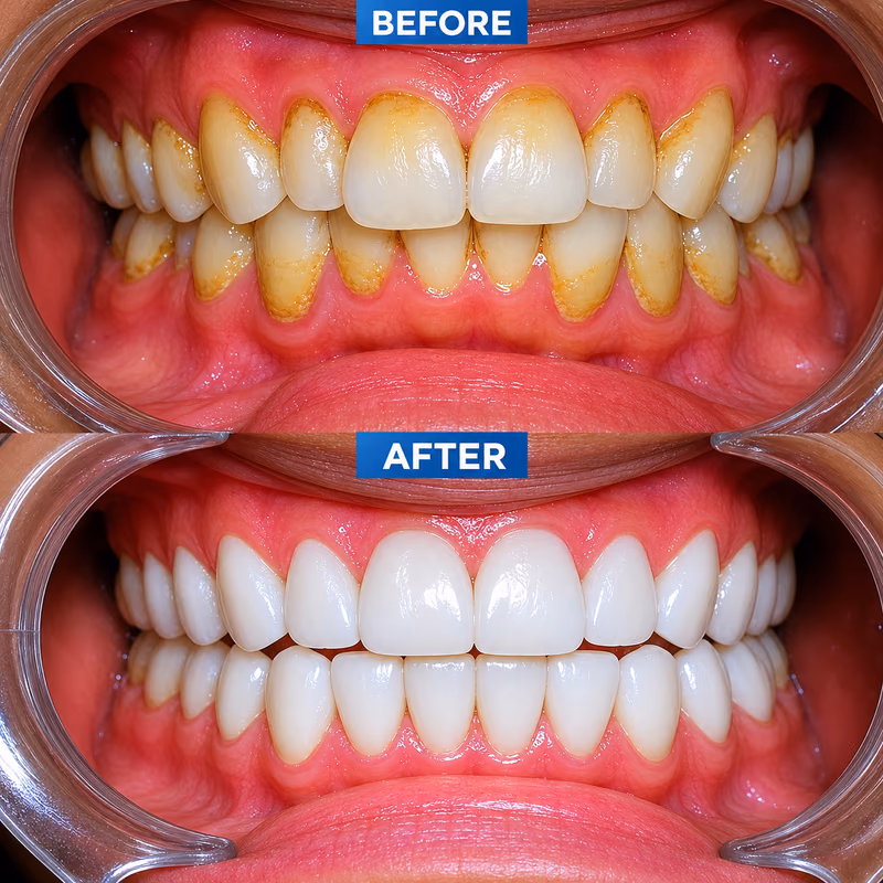 Veneers replacing heavily stained teeth with a bright, natural-looking and long-lasting smile restoration.